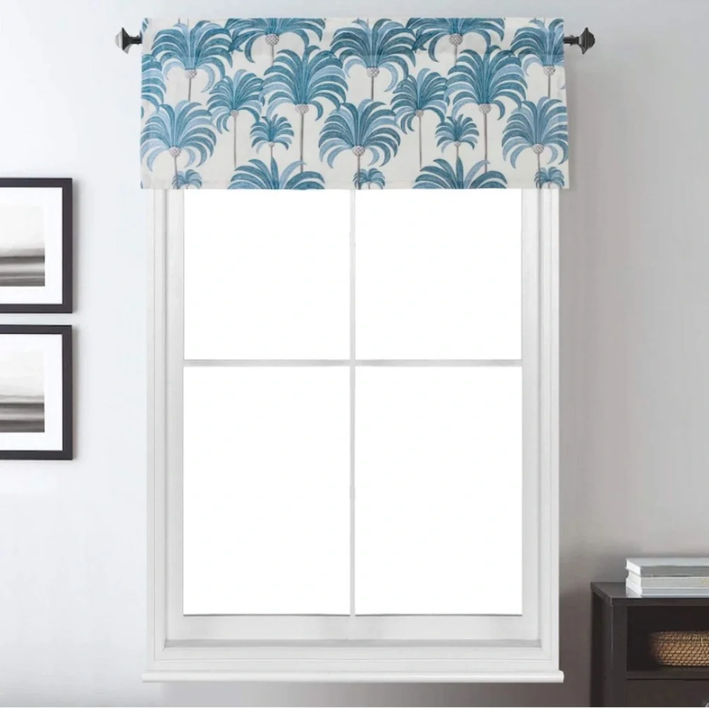 Luxury Home | Coastal Chic Blue Palm Tree Print Linen Blend Window Valence